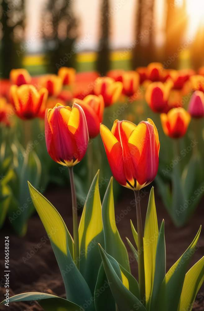 Fototapeta premium Plantation of red and yellow tulips.