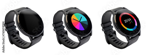 Three Views of a Smartwatch Off, Display On, Time Displayed sets. Colorful  smartwatch with display cutout PNG collection