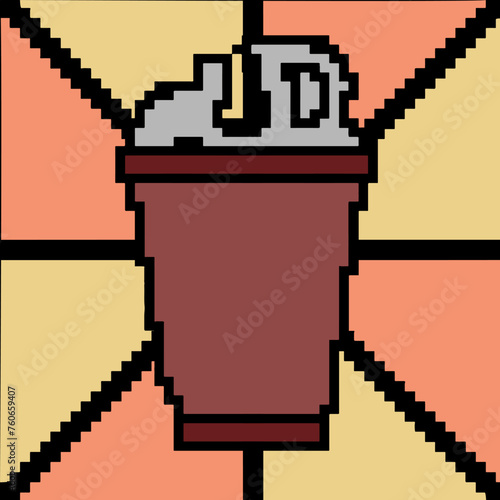 Coffee cup illustration with pixel art style background. The vector is suitable to use for coffee drink sign and drink pixel art poster.