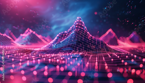 Abstract digital wave data technology. Retro 90s style with neon paticles synthwave mesh grid background photo
