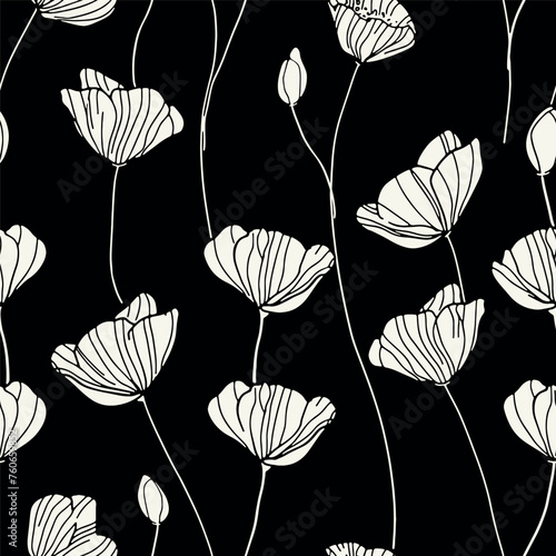Vector seamless pattern. Floral stylish background. Thin silhouette of poppies