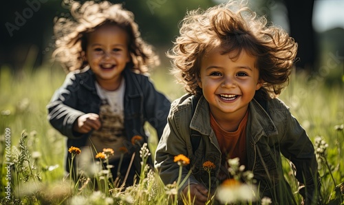 Two Young Children Playing in Grass photo