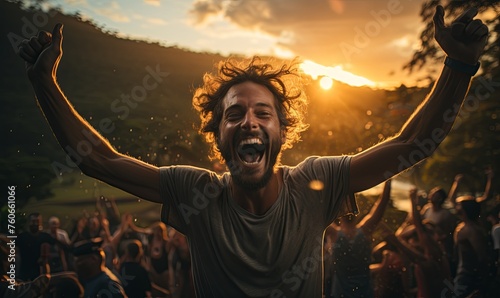 Man Raises Hands in the Air