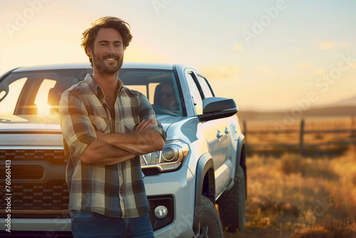 A man is standing next to a white pickup truck in a field. He is smiling and he is proud of the vehicle, time is sunset with warm lightning