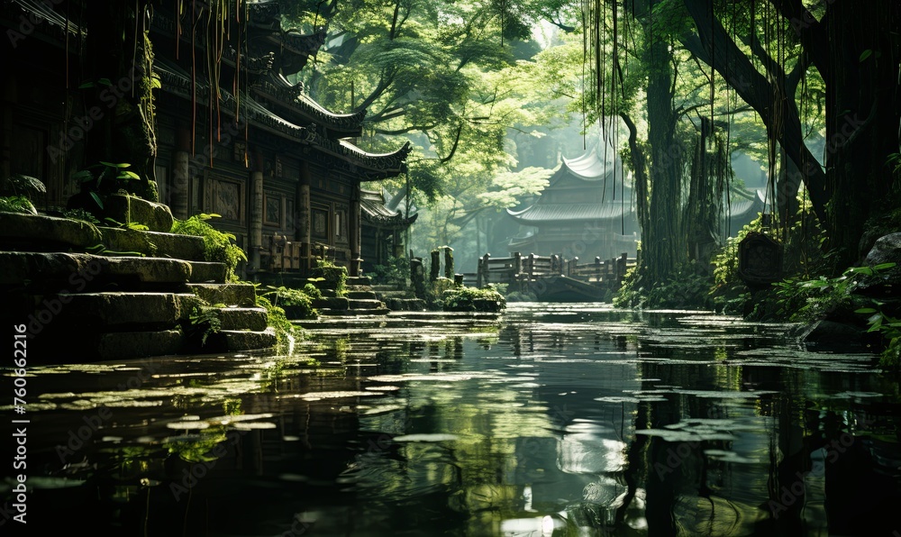 Tranquil Pond Surrounded by Trees in Forest Tranquil Pond Surrounded by Trees in Forest