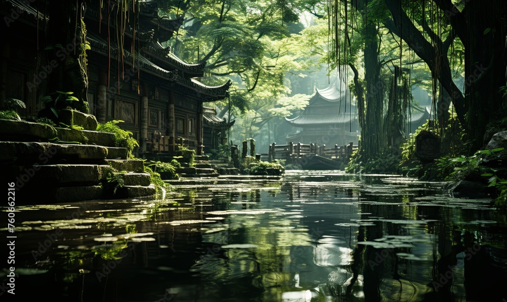 Tranquil Pond Surrounded by Trees in Forest