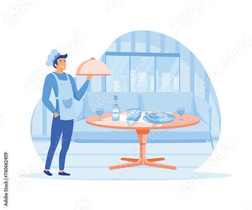 Hotel business concept. Waiter serving at banquet. flat vector modern illustration
