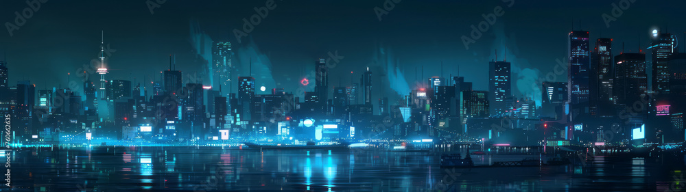A brightly lit city scene at night, with architectural grids, dark azure color, and piles/stacks.