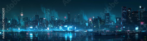 A brightly lit city scene at night, with architectural grids, dark azure color, and piles/stacks.
