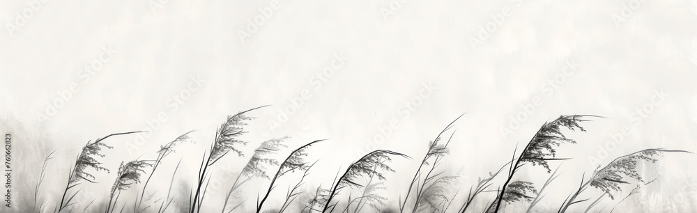 Black and white silhouettes of tall grasses, digital painting, traditional animation, and soft shading. - obrazy, fototapety, plakaty 