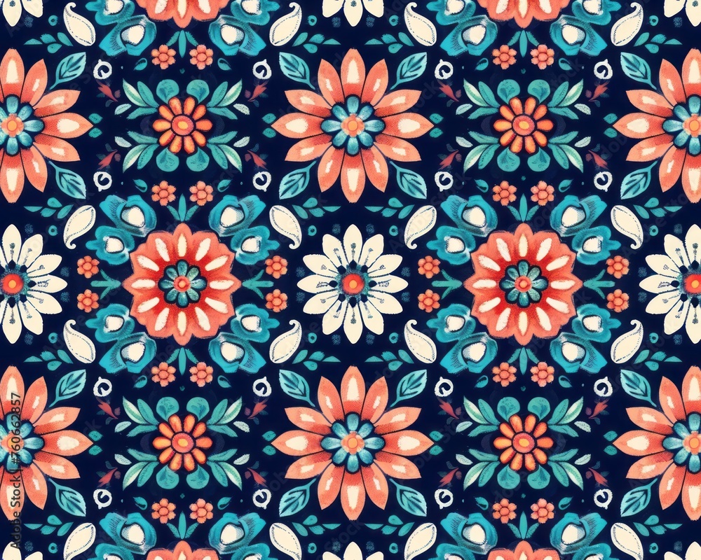 A floral geometric pattern on a blue background, in light pink and dark emerald colors. A floral geometric pattern on a blue background, in light pink and dark emerald colors.