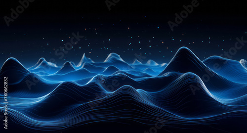 A drawing of blue lines in the form of waves, with elements of data visualization, luminous landscapes, a wire-like texture, and a black background. © Duka Mer