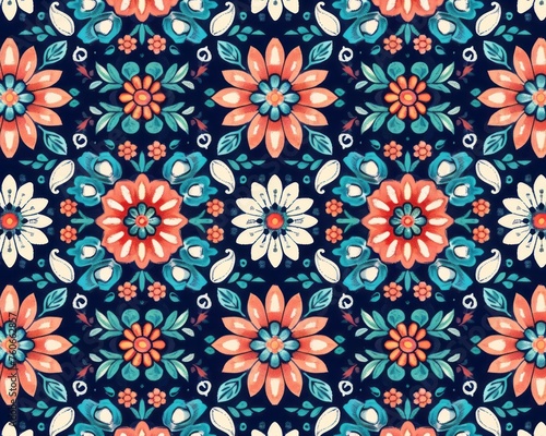 A floral geometric pattern on a blue background, in light pink and dark emerald colors.