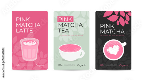 Pink tea matcha powder packaging design concept. Set of vector illustrations of healthy natural beverage, сup and glass of drink matcha latte. Dragon fruit pure organic powder. Pack mockup, ad, poster