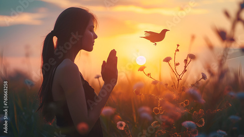Woman praying and free bird enjoying nature on sunset . generative ai 