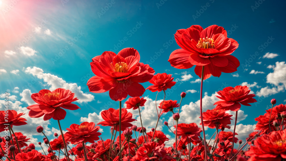 Red flowers on blue sky background