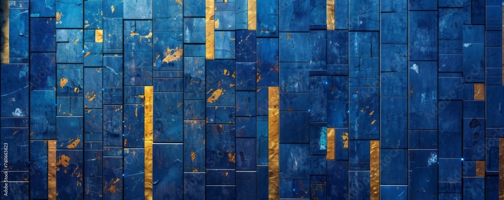 A large building surface in blue, with gold bars and blue lights, an intense texture collage, meticulous mosaics, colorful gradients, and a rustic texture. - obrazy, fototapety, plakaty 