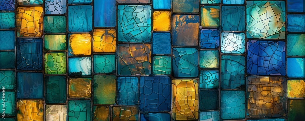 A colorful wall of stained glass boxes, with dark sky-blue and light gold colors, a highly textured design, and a ceramic texture.