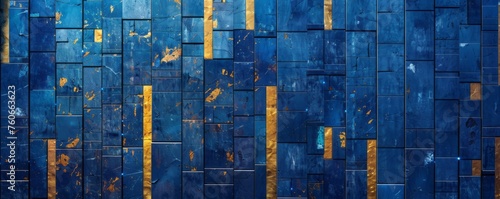 A large building surface in blue, with gold bars and blue lights, an intense texture collage, meticulous mosaics, colorful gradients, and a rustic texture.