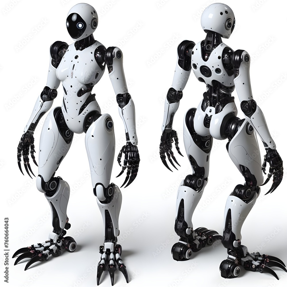 AI GENERATES 3D FUTURISTIC HUMANOID SMART ROBOT SCI-FI BLACK AND WHITE COLOR WITH A CAMERA ON SEVERAL SIDES