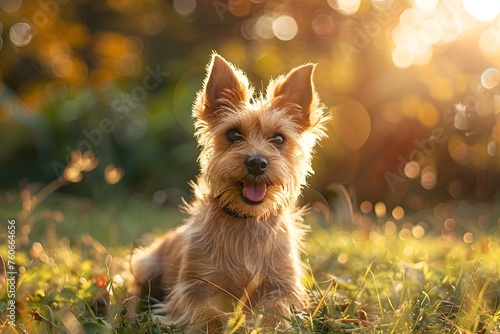 A Joyful Yorkie in the Grass on a Sunny Day photo