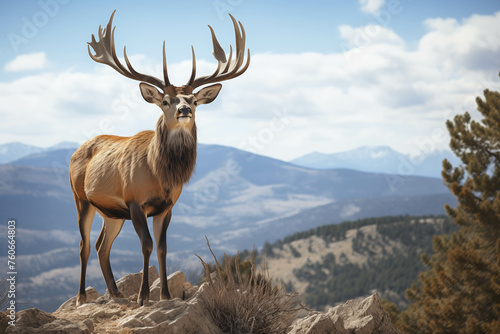 A mountain deer is standing on a rock at the edge of a cliff with a view of the beautiful mountain forest as far as the eye can see.