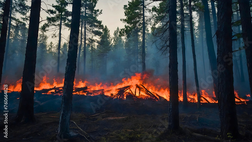 A large forest fire, which destroys the forest during the summer, was probably caused by accidental human mistake.