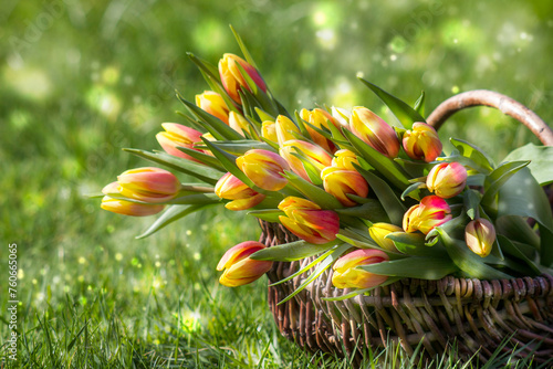 Colorful fresh tulips in wicker basket in the garden