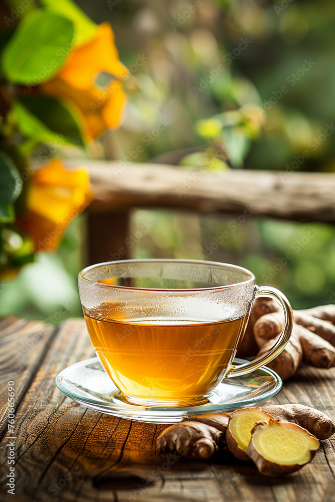 tea with ginger and honey on the background of nature tea with ginger and honey on the background of nature