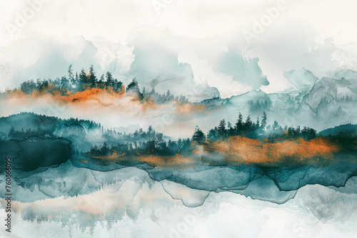 Minimal landscape art with watercolor brush and golden line art texture.