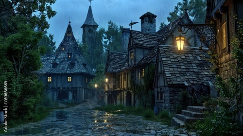 night far medieval village 3D art