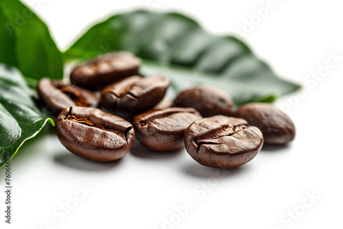 coffee beans with green leaves isolated on white background, Generative AI