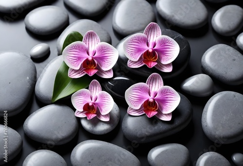 Several pink orchids with a mix of black, white, and grey stones on a dark textured surface