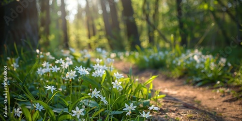 Beautiful white flowers blooming in the grass near the forest path against the background of a tree , concept of Floral landscape