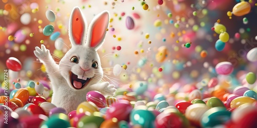 Easter bunny against the background of an explosion of candies and chocolate eggs, concept of holiday celebration