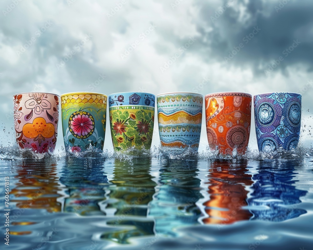 Unity Cup Collection, Global Fusion of Symbols, Cups adorned with patterns from around the world, Photography, Overcast Lighting, Double Exposure Effect