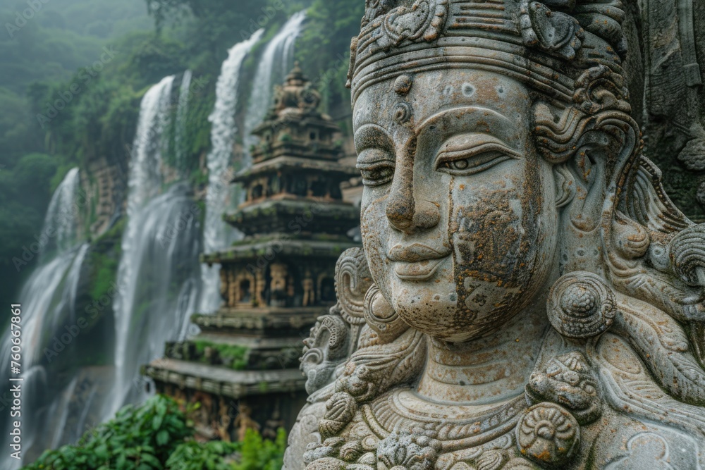 A statue stands in front of a majestic waterfall in India, creating a striking contrast between man-made and natural elements.