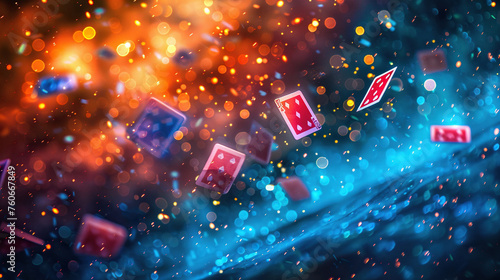 poker cards flying in dark blur bokeh background ,  photo