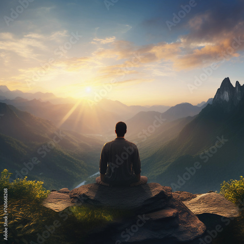 Back view of a man sitting in yoga pose in the sunrise with a mountain range in front of him. Serene warrior find spirituality and wellbeing. Mental health concept hyper realistic.