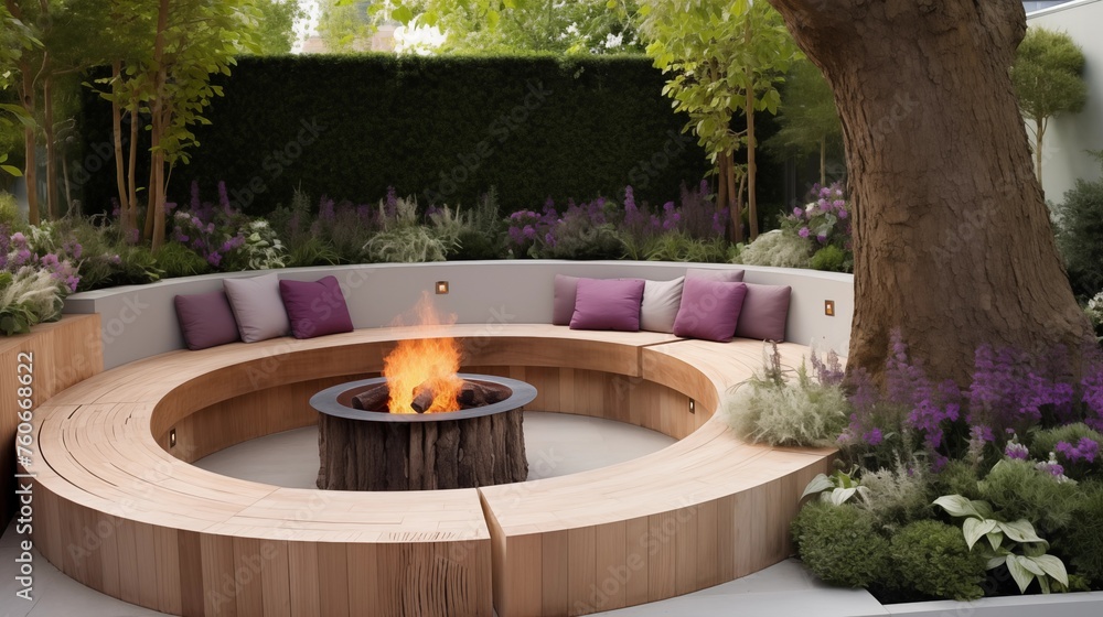 Incorporate a built-in bench with a fire pit as the centerpiece.