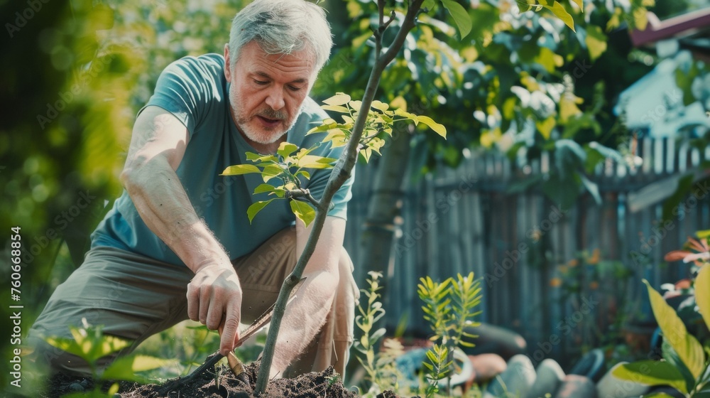 Fototapeta premium Middle-aged man tends to urban garden, merging personal growth with environmental stewardship during andropause