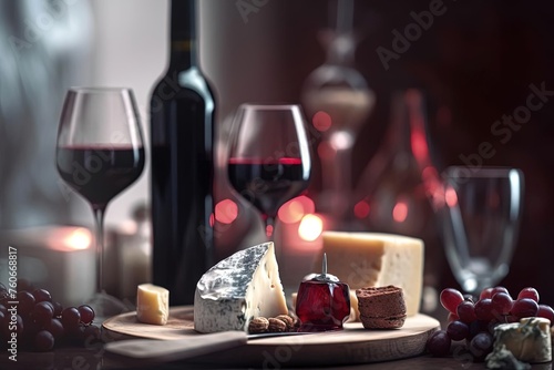 Crimson-themed Wine and Cheese Spread with Grapes on Wood Board 