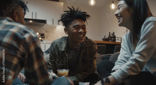 Youthful Asian male enjoying a lively discussion with diverse friends over mocktails in a contemporary home, highlighting inclusivity and alcohol-free trends photo