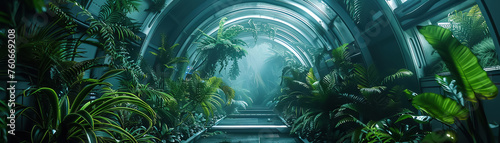 illustration of a futuristic arboretum where plants have bioluminescent qualities and thrive in a zero-gravity environment
