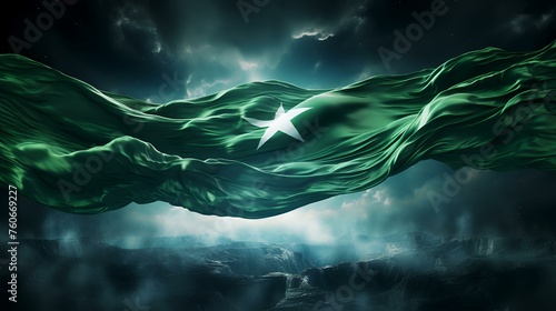 Waving flag of Pakistan on stage with spotlight. 3D rendering