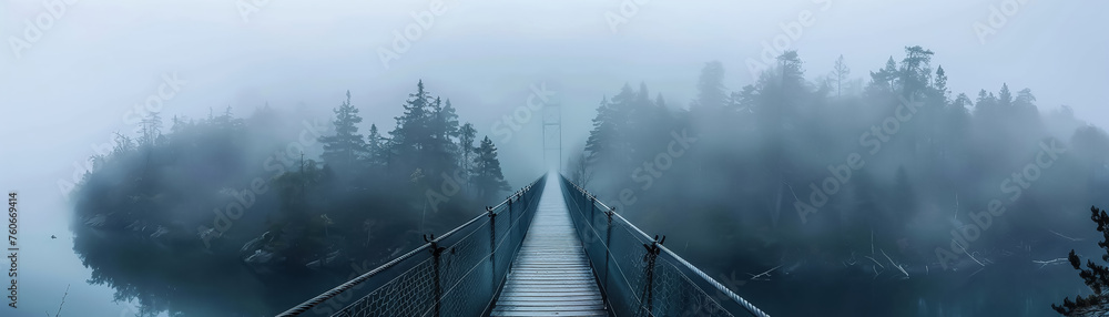 a lone suspension bridge in a foggy landscape - obrazy, fototapety, plakaty 