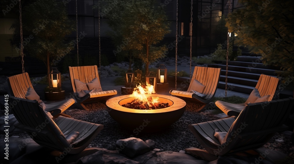 Incorporate a fire pit surrounded by comfortable chairs for warmth and atmosphere.