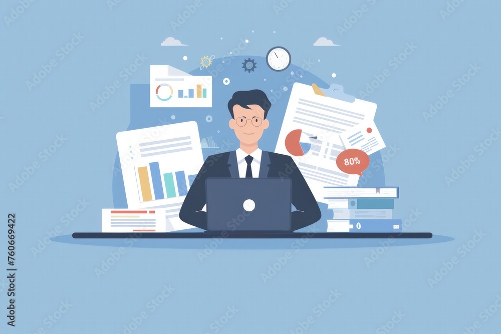 Fototapeta premium a businessman, financier, or accountant working with a laptop computer and documents, flat illustration