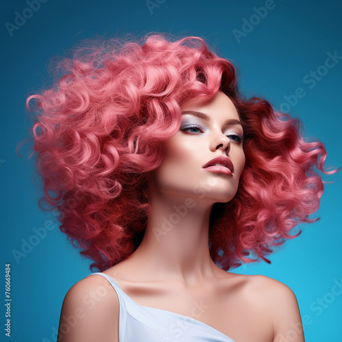 Beautiful beauty or fashion portrait of a woman with makeup with pink curly hair on a beautiful blue background 