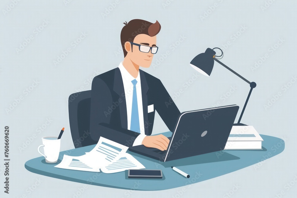 a businessman, financier, or accountant working with a laptop computer and documents, flat illustration a businessman, financier, or accountant working with a laptop computer and documents, flat illustration